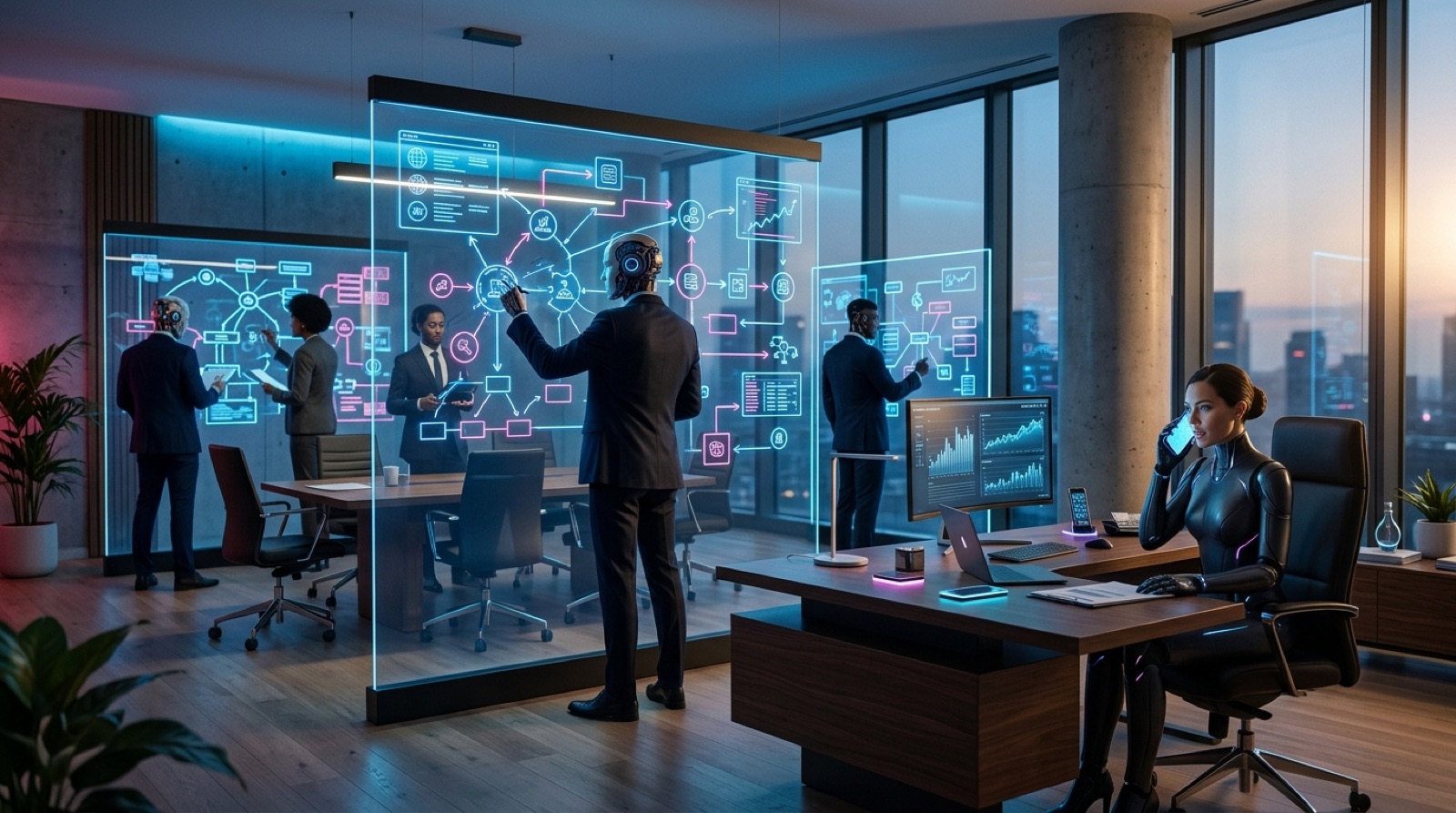 A team planning around a glowing glass workflow board in a modern office