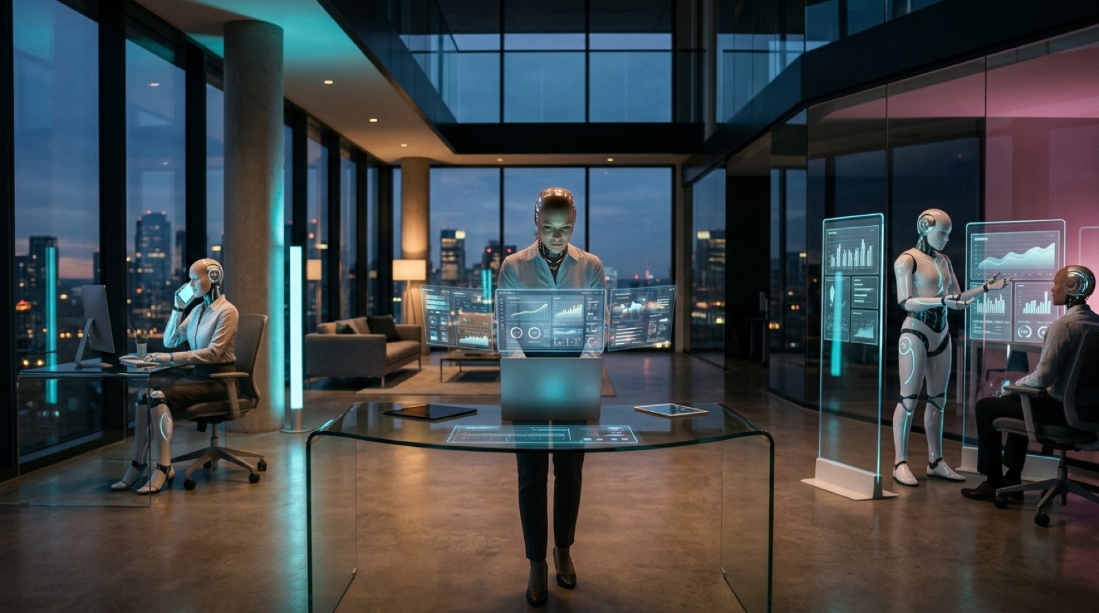 A glass-walled London office at dusk, human and AI teammates at work against the skyline